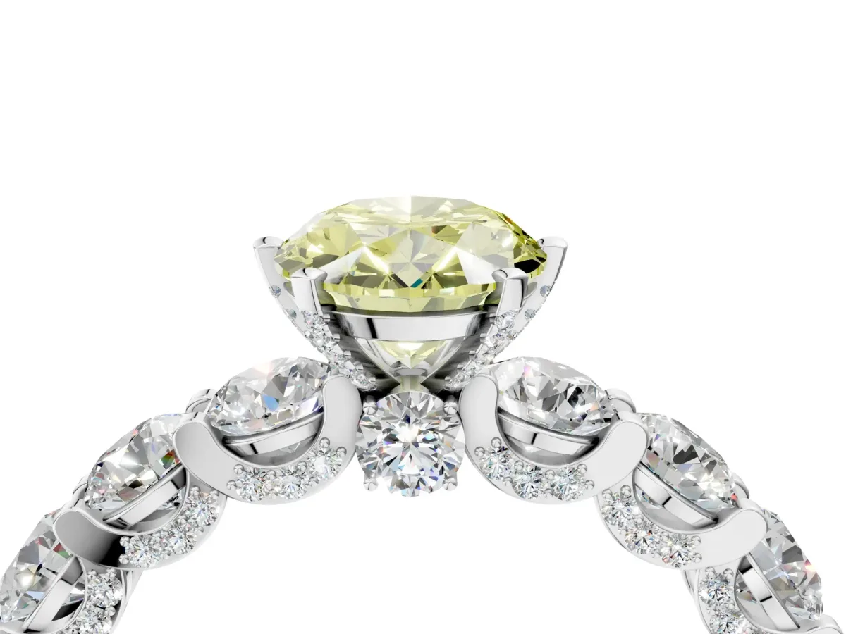 Fancy Yellow Oval Cut Diamond Side Stone Engagement Ring with Four-Prong Setting Silver