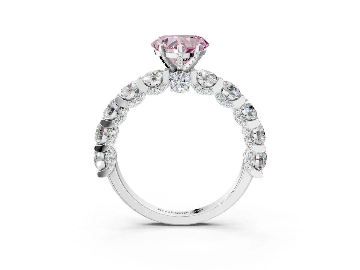Fancy Pink Heart Cut Diamond Side Stone Engagement Ring with Four-Prong Setting Silver