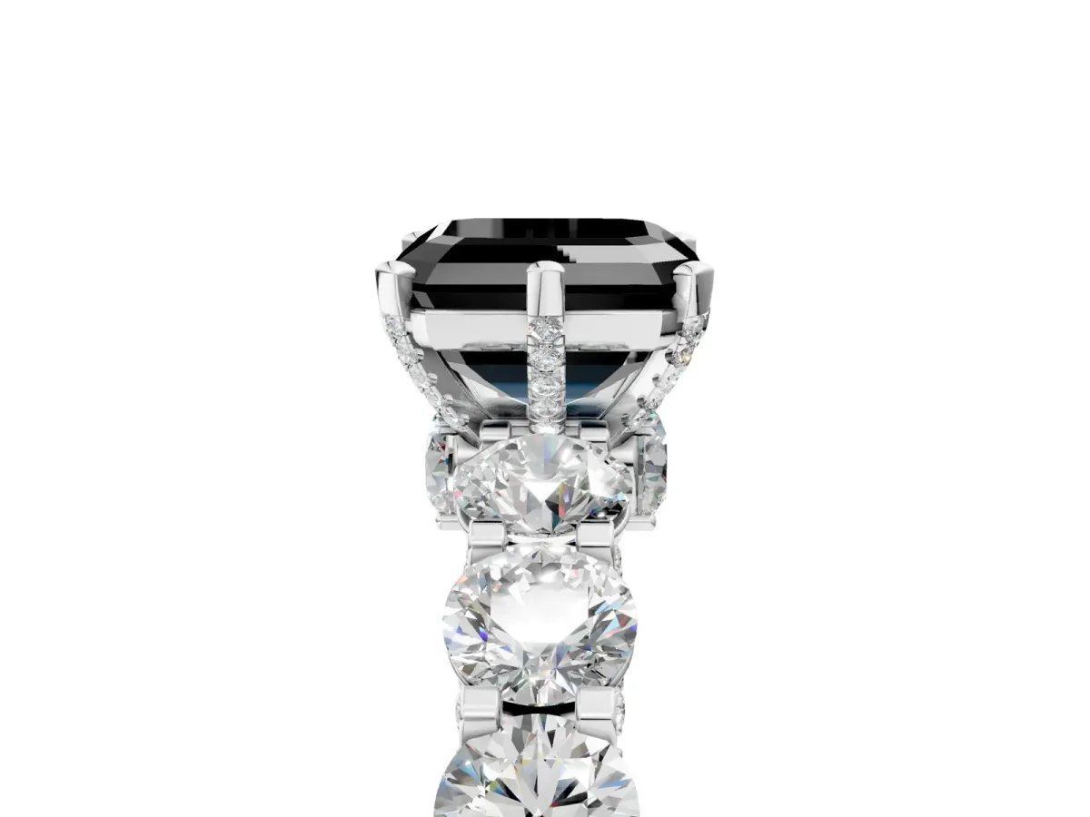 Fancy Black Asscher Cut Diamond Side Stone Engagement Ring with Four-Prong Setting Platinum