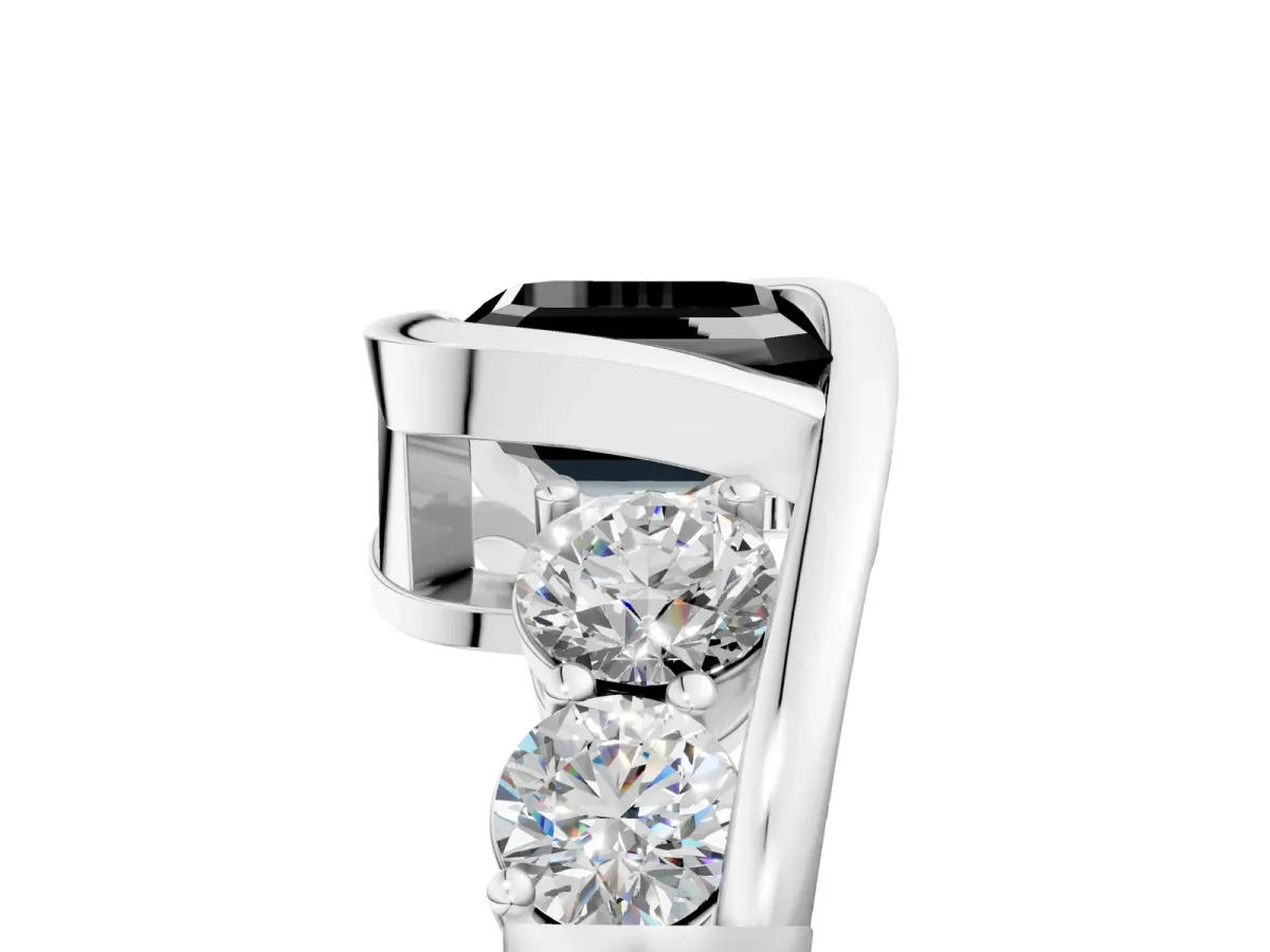 Fancy Black Bezel Set Asscher Cut Diamond Bypass Ring with Round Accents Platinum