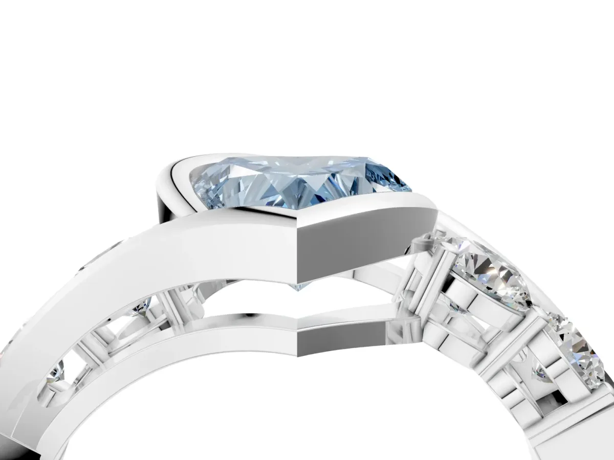 Fancy Blue Bezel Set Heart Cut Diamond Bypass Ring with Round Accents Platinum