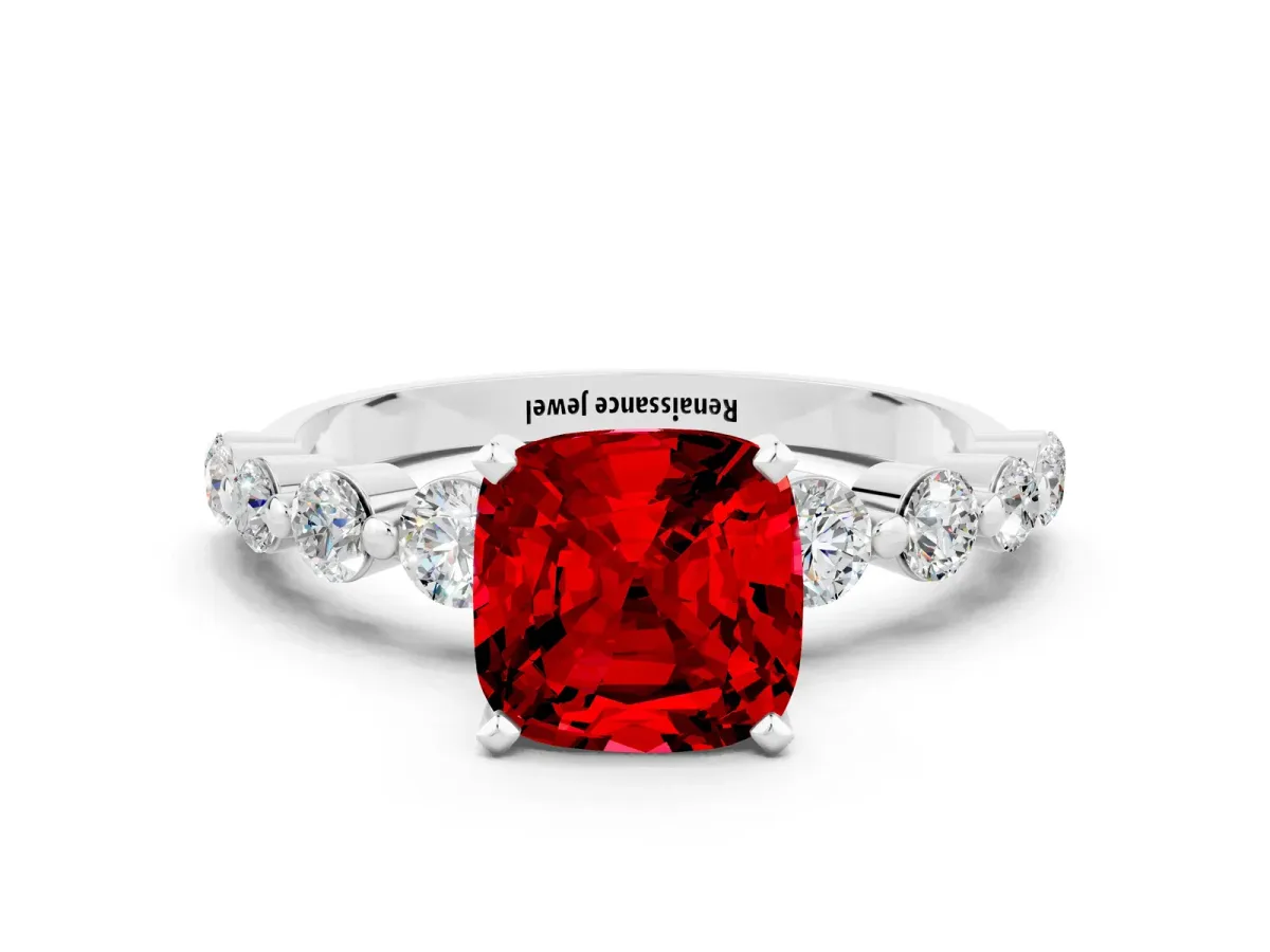 Cushion Cut Solitaire Ruby Ring with Pave Band and Four-Prong Setting Silver