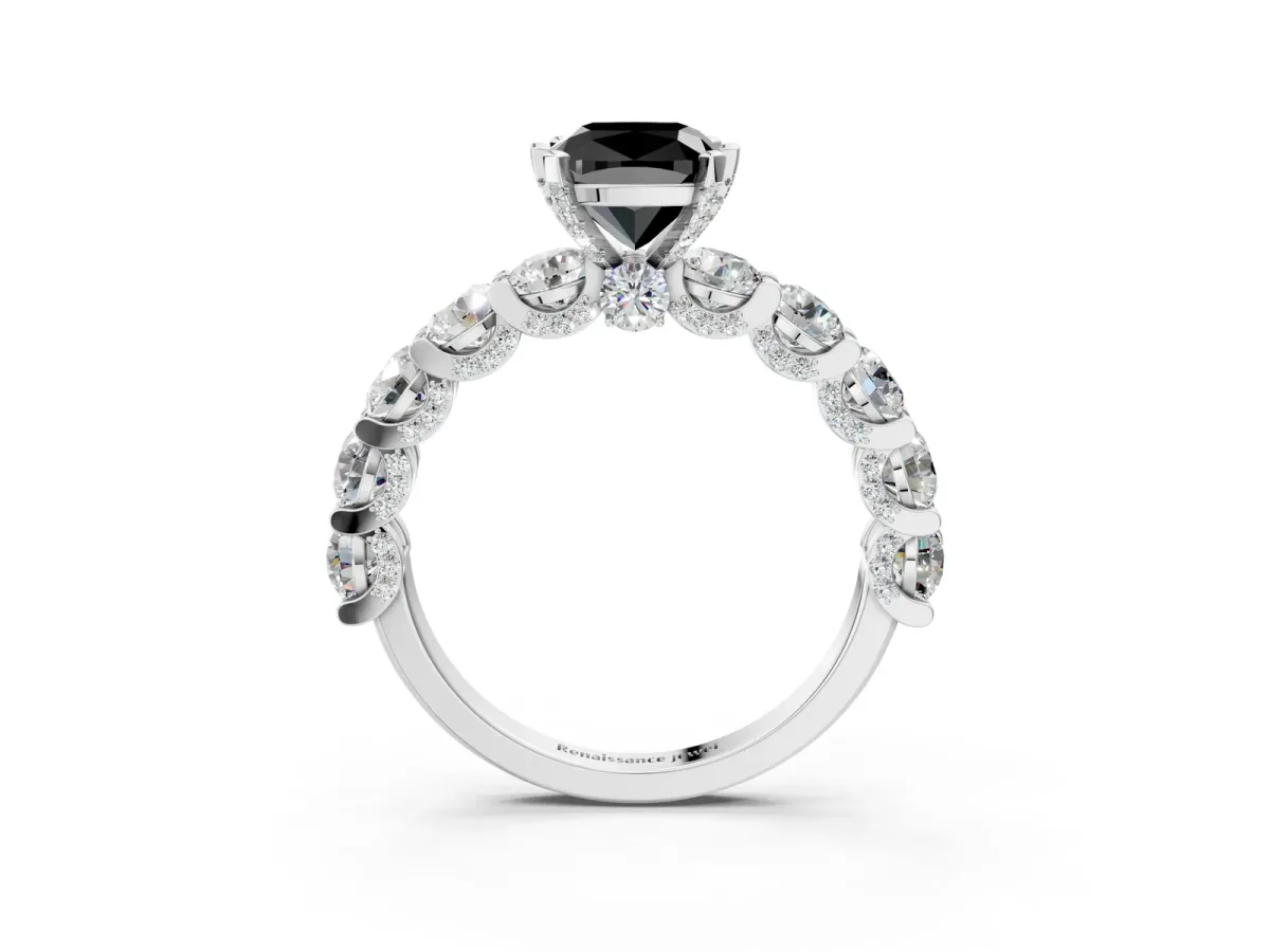 Fancy Black Cushion Cut Diamond Side Stone Engagement Ring with Four-Prong Setting White gold