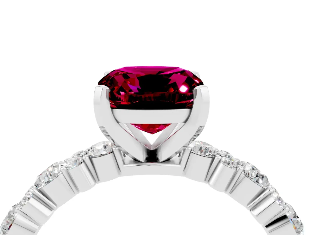 Cushion Cut Garnet Side Stone Solitaire Ring with Round and Four-Prong Setting Platinum