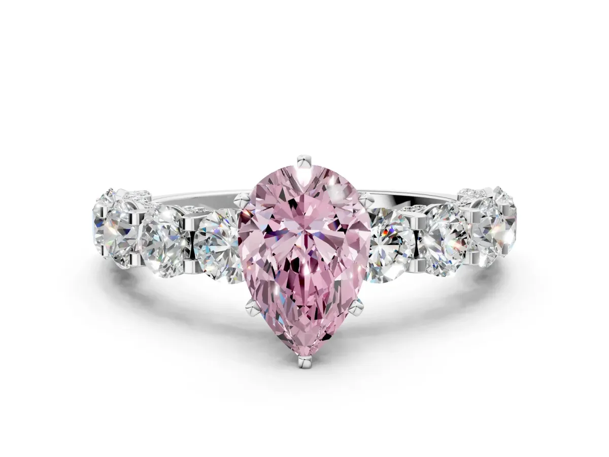 Fancy Pink Pear Cut Diamond Side Stone Engagement Ring with Four-Prong Setting White gold