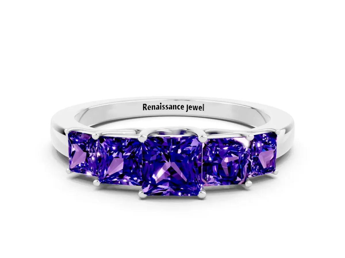 Princess Cut Five-Stone Tanzanite Ring with Classic Prong Setting Silver