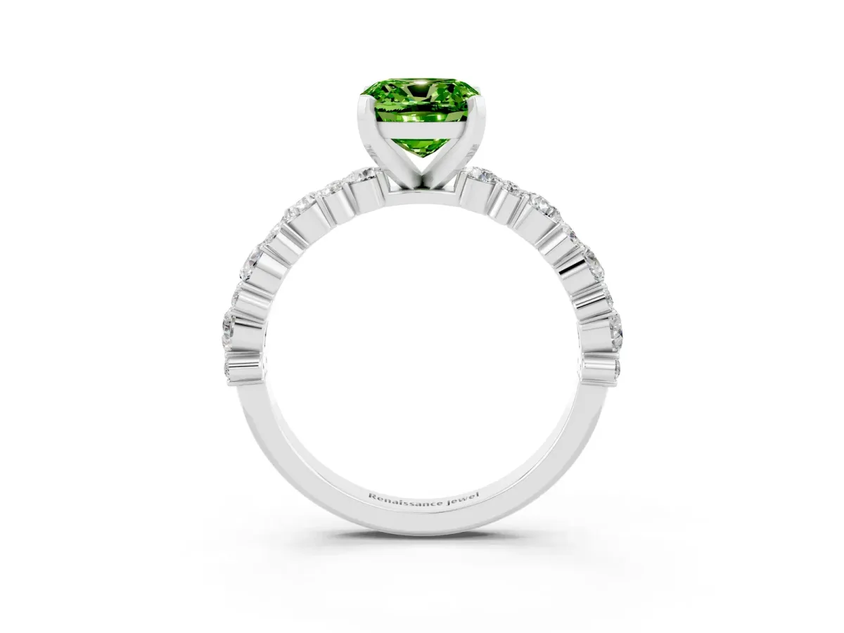 Cushion Cut Peridot Side Stone Solitaire Ring with Round and Four-Prong Setting Platinum