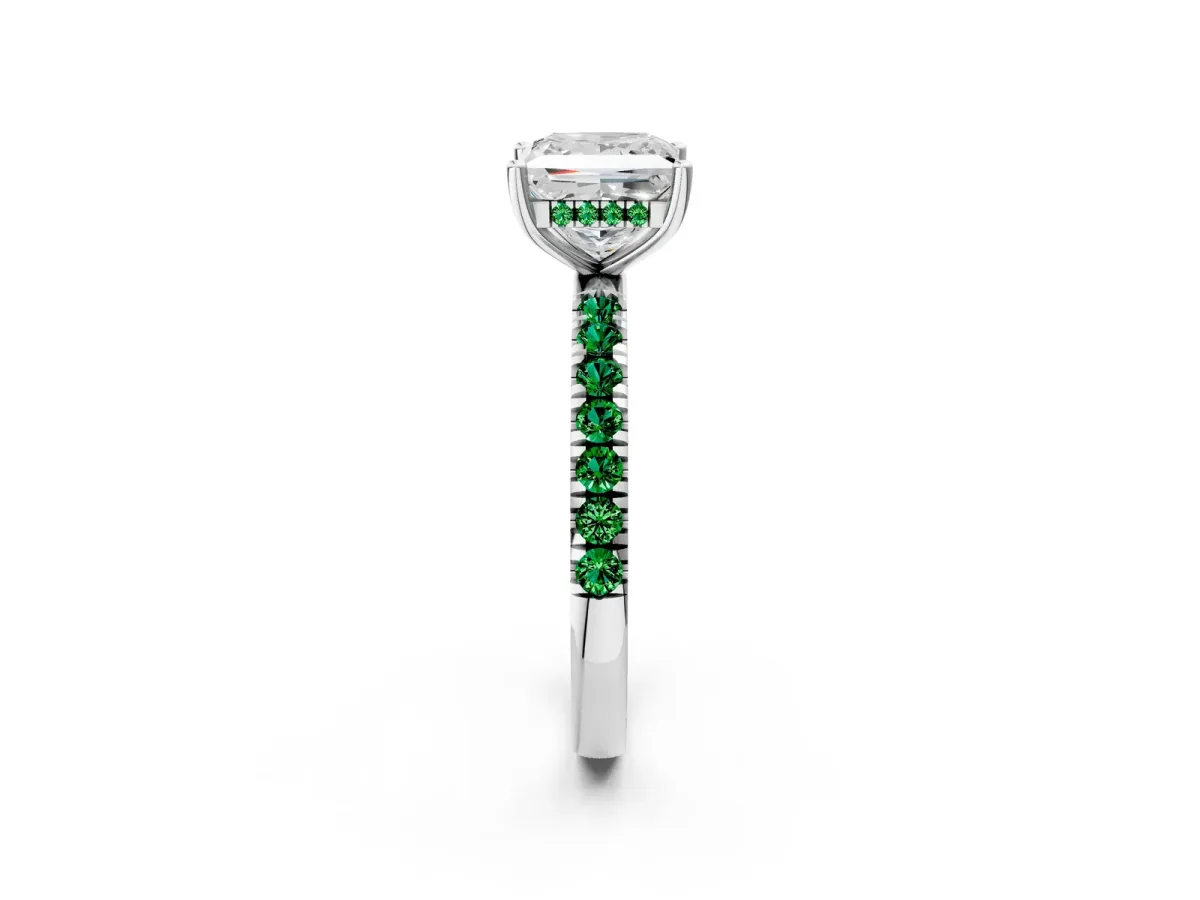 Princess Cut Diamond Pave Band Solitaire Ring with Round Emerald and Prong Setting Silver
