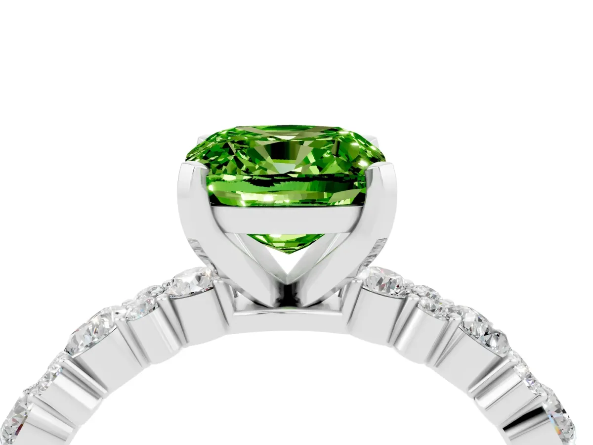Cushion Cut Peridot Side Stone Solitaire Ring with Round and Four-Prong Setting Platinum