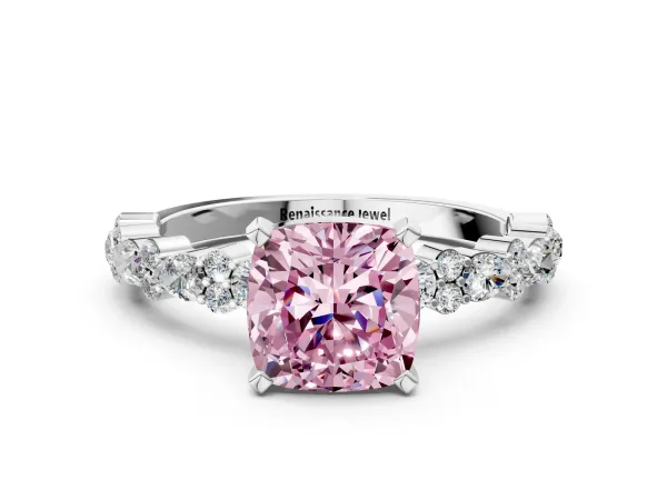 Fancy Pink Cushion Cut Diamond Side Stone Solitaire Ring with Round and Four-Prong Setting Platinum
