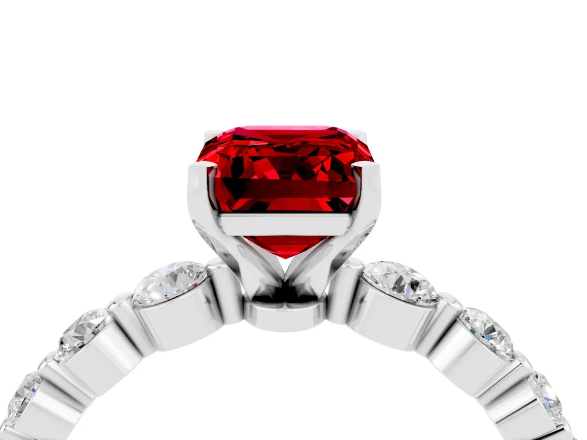 Emerald Cut Solitaire Ruby Ring with Pave Band and Four-Prong Setting White gold
