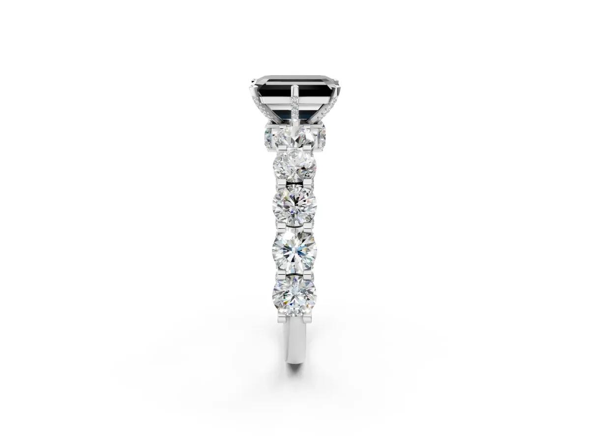 Fancy Black Emerald Cut Diamond Side Stone Engagement Ring with Four-Prong Setting White gold