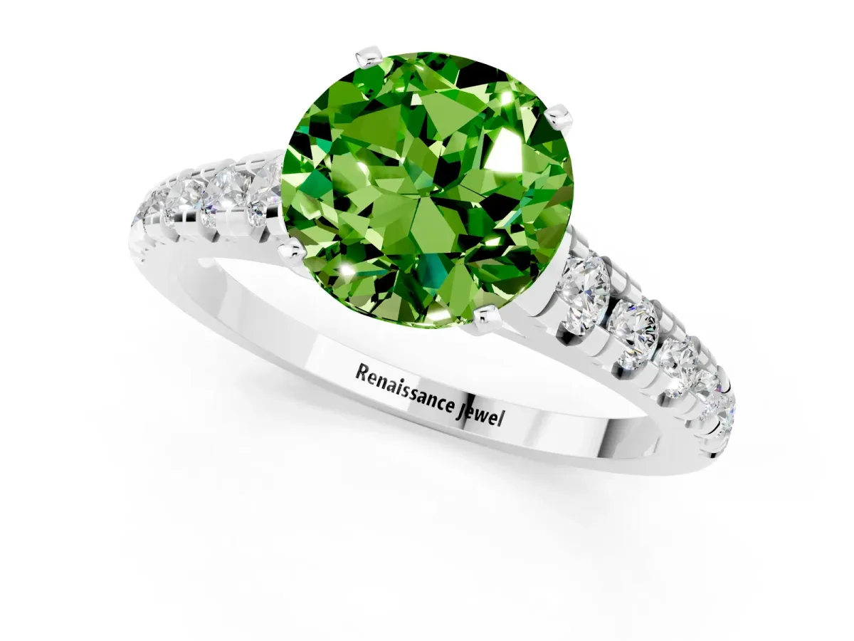 Round Cut Peridot Cathedral Solitaire Ring with Round Pavé Band Platinum