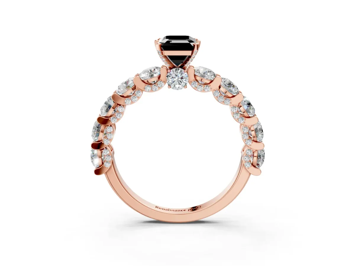 Fancy Black Emerald Cut Diamond Side Stone Engagement Ring with Four-Prong Setting Rose gold