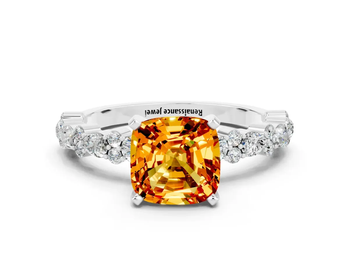 Cushion Cut Citrine Side Stone Solitaire Ring with Round and Four-Prong Setting Platinum