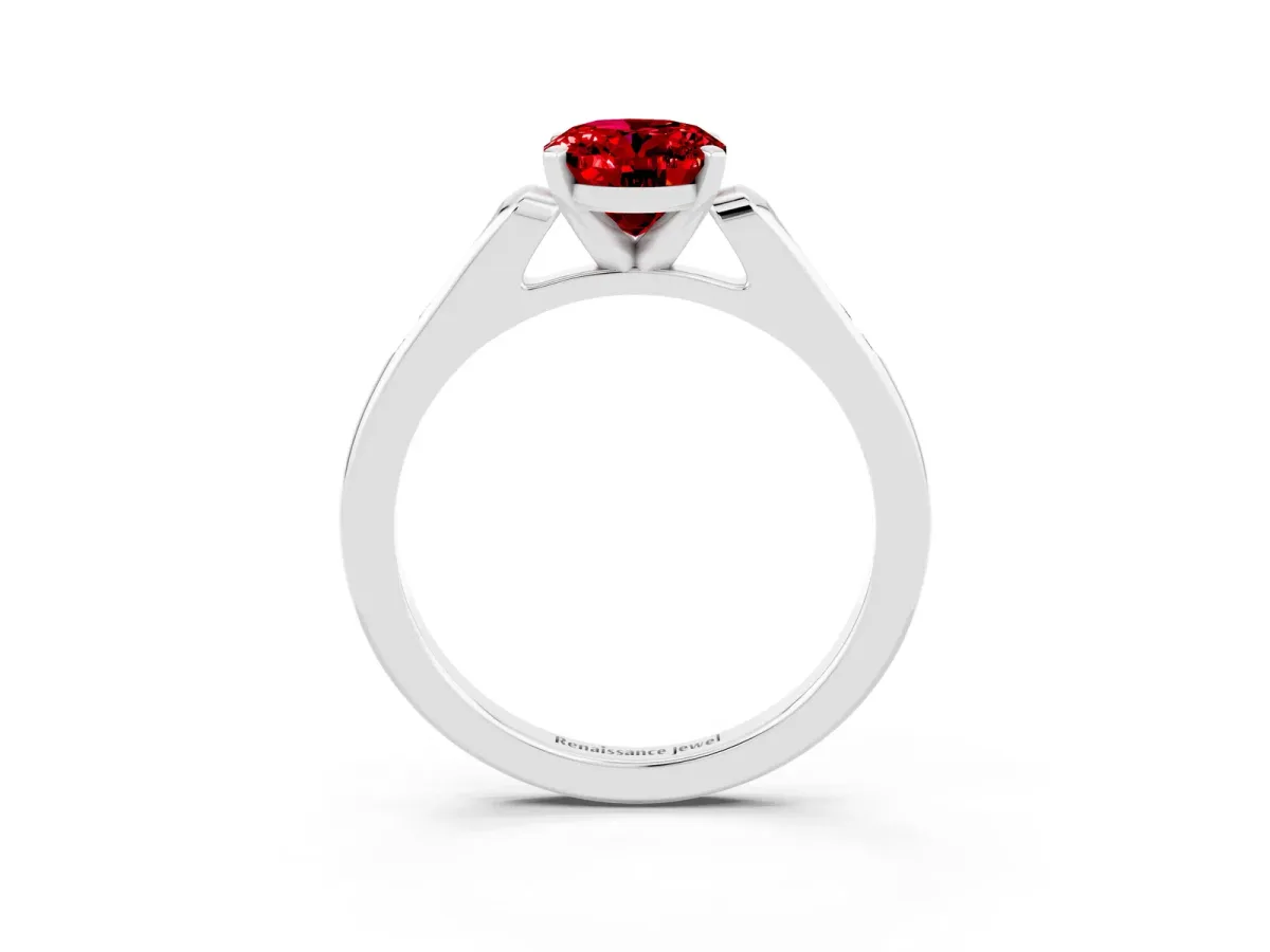 Oval Cut Ruby Solitaire Ring with Channel Set Round Band and Prong Setting White gold