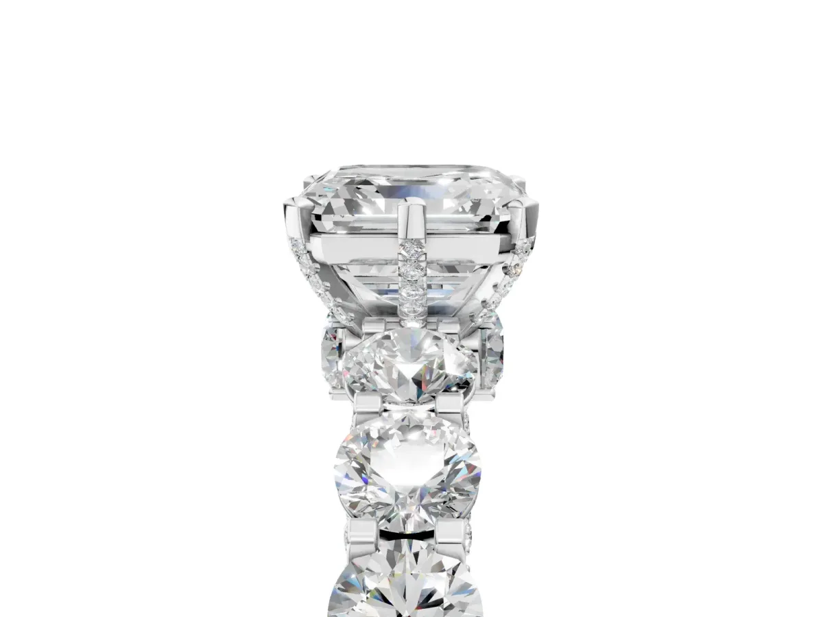 Asscher Cut Diamond Side Stone Engagement Ring with Four-Prong Setting White gold