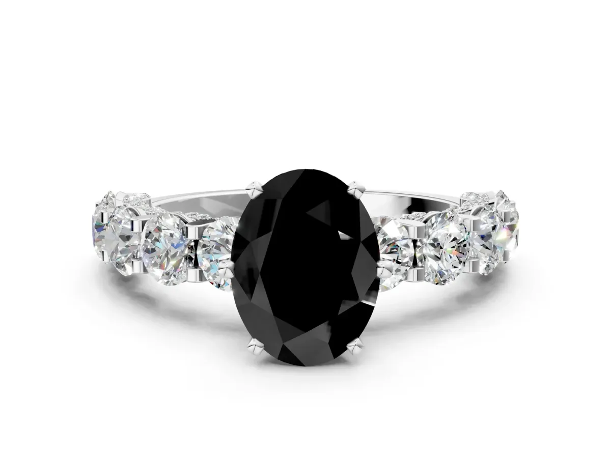Fancy Black Oval Cut Diamond Side Stone Engagement Ring with Four-Prong Setting White gold