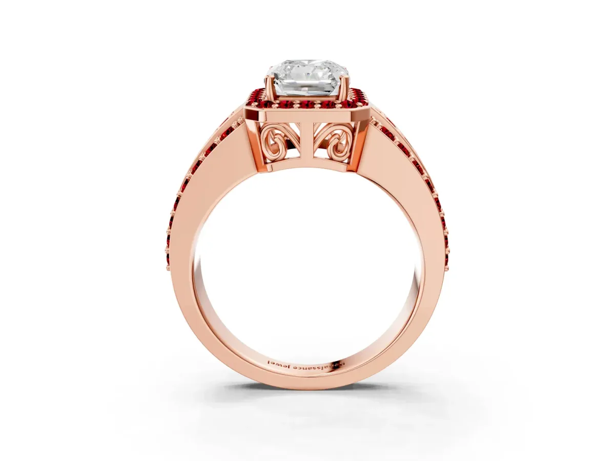 Radiant Cut Halo Diamond Ring with Round Ruby Split Shank and Prong Setting Rose gold