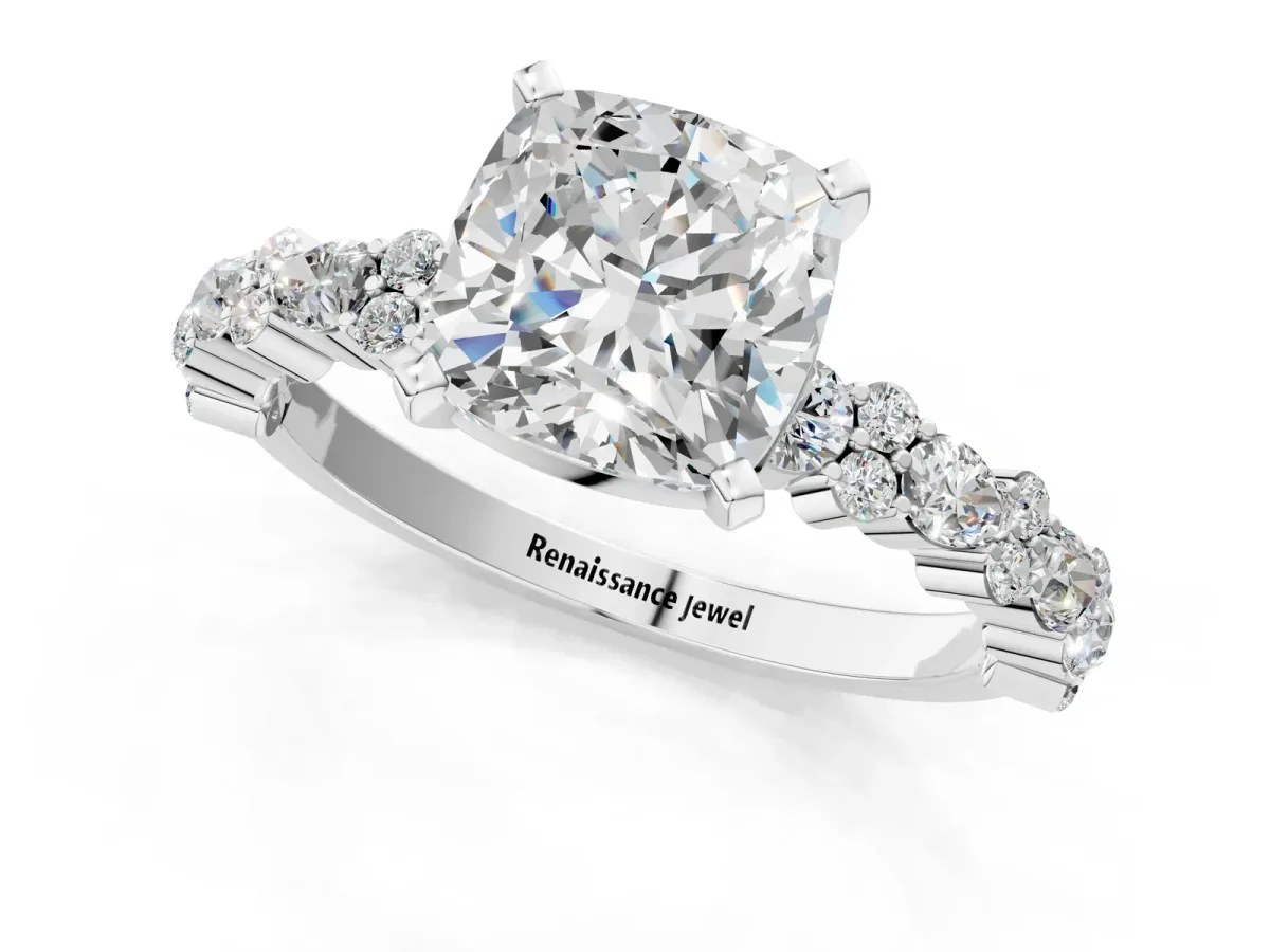 Cushion Cut Diamond Side Stone Solitaire Ring with Round and Four-Prong Setting Platinum