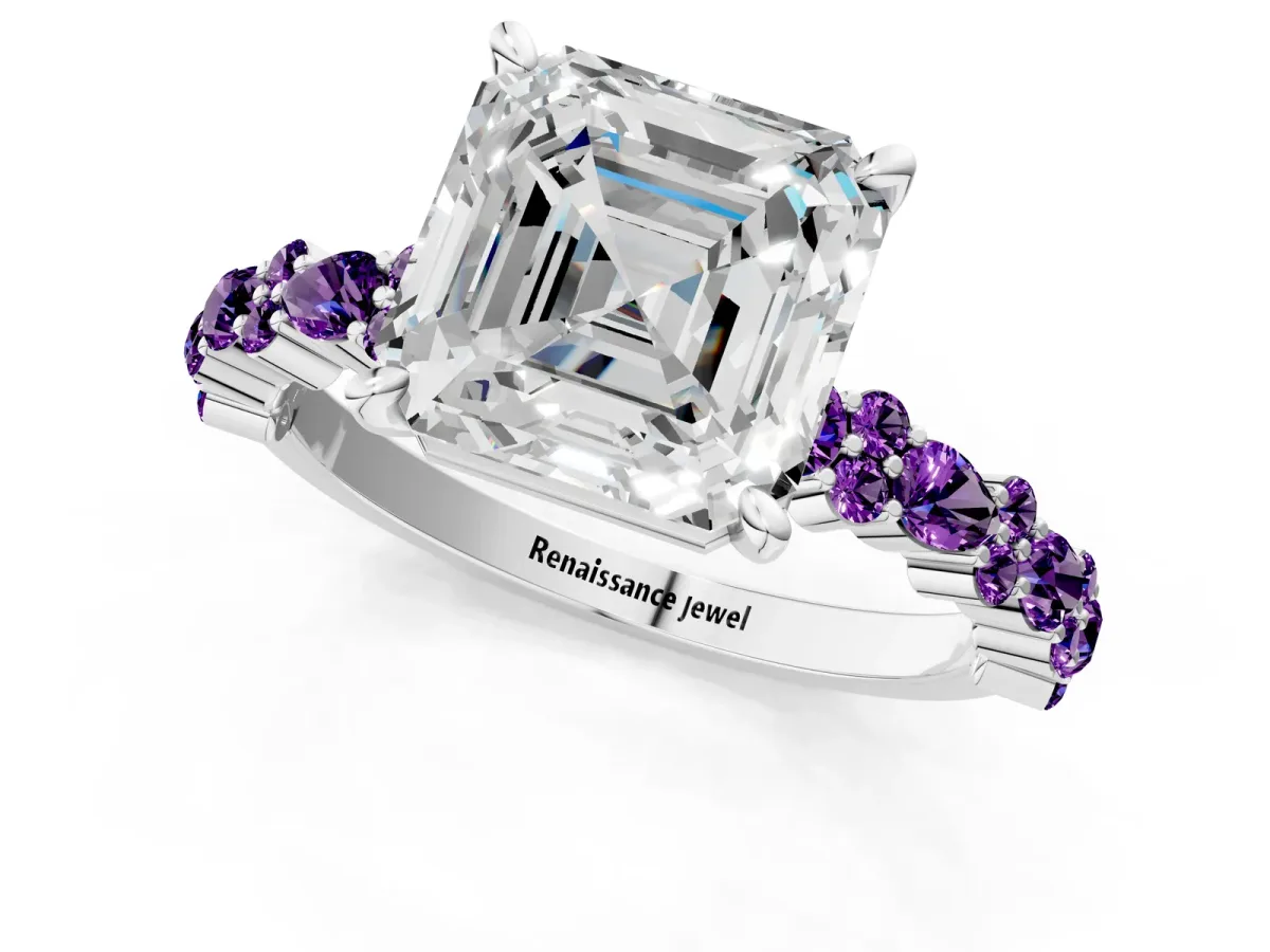 Asscher Cut Diamond Side Stone Solitaire Ring with Round Amethyst and Four-Prong Setting Platinum