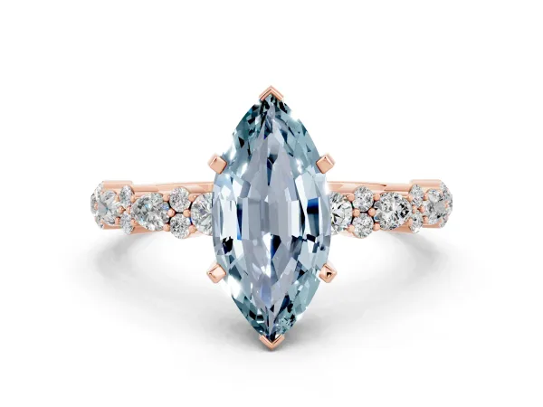 Marquise Cut Aquamarine Side Stone Solitaire Ring with Round and Four-Prong Setting Rose gold