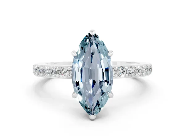 Marquise Cut Aquamarine Solitaire Engagement Ring with Pavé Band and Four-Prong Setting Platinum