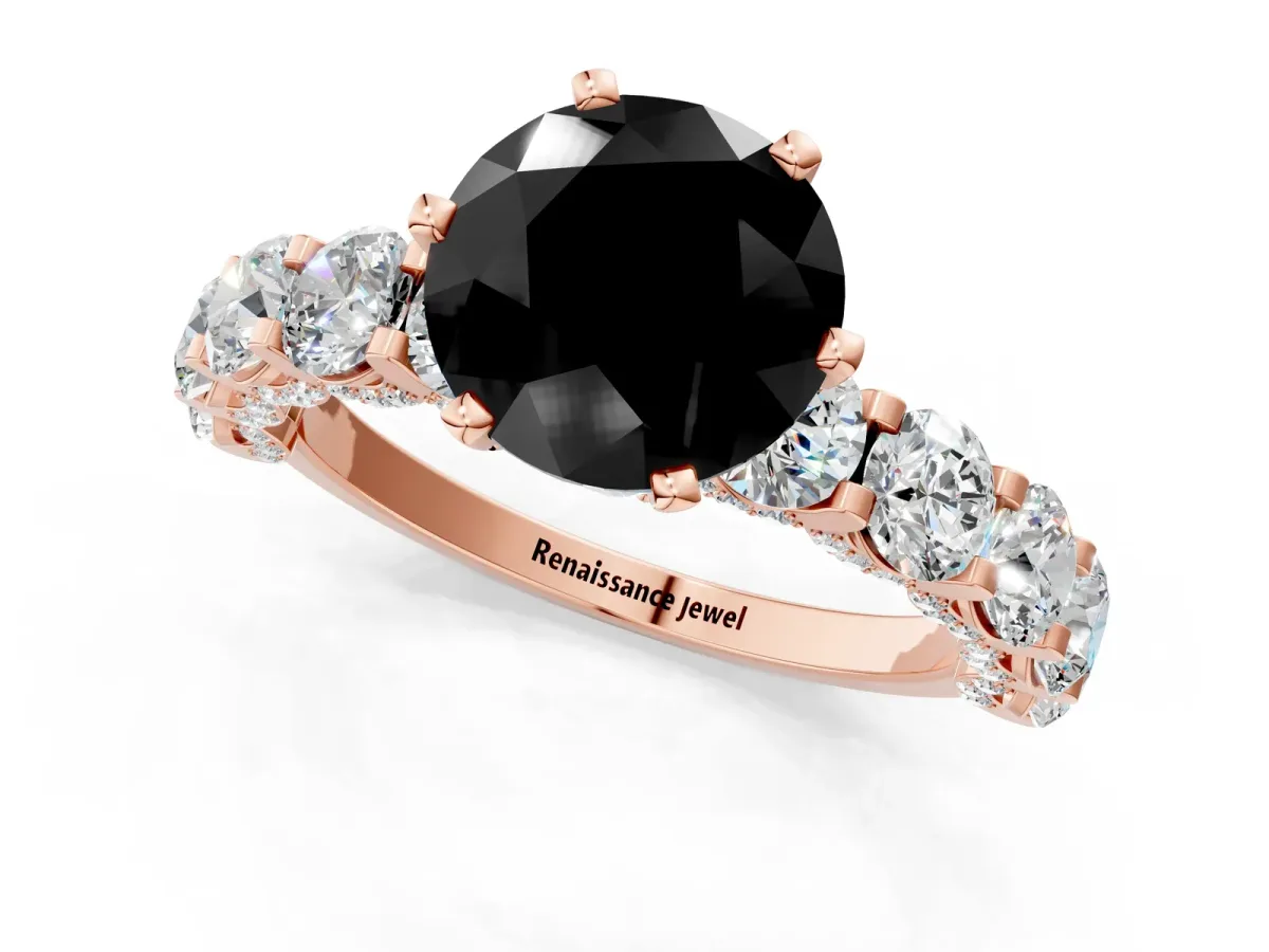 Fancy Black Round Cut Diamond Side Stone Engagement Ring with Four-Prong Setting Rose gold