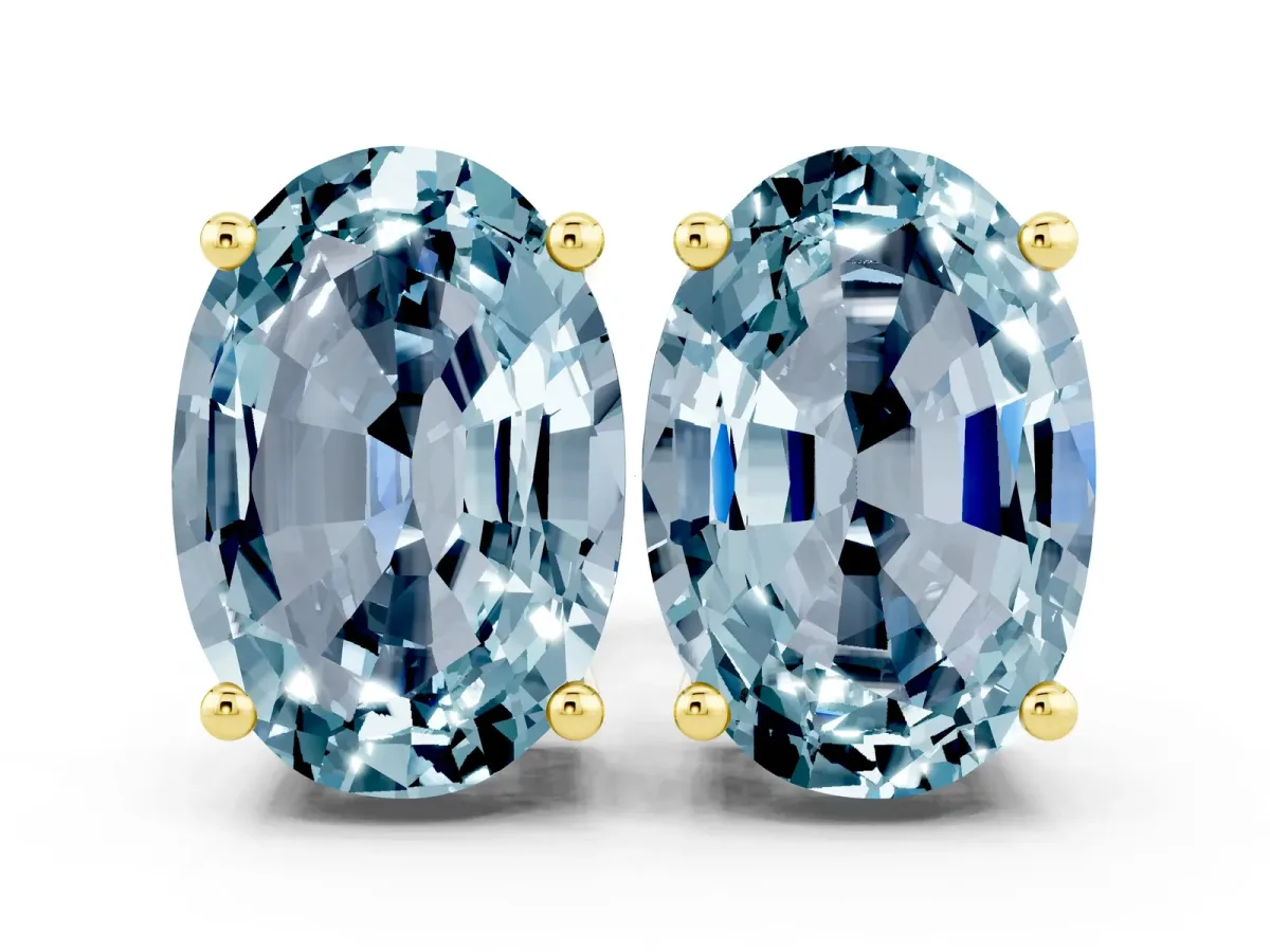 Oval Cut Aquamarine Stud Earrings Yellow gold