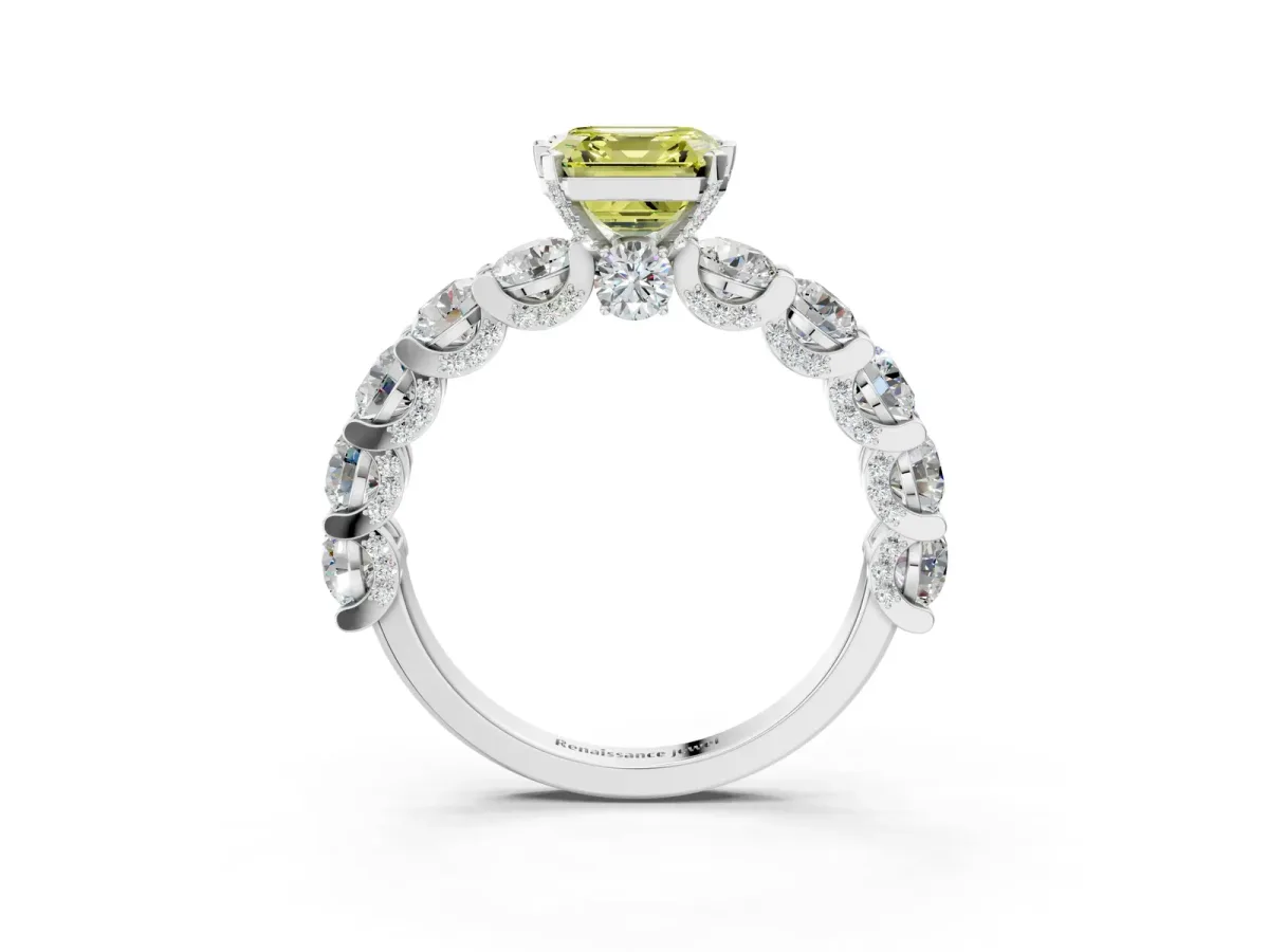 Fancy Yellow Asscher Cut Diamond Side Stone Engagement Ring with Four-Prong Setting White gold