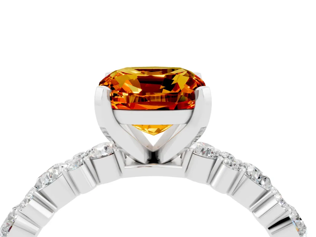 Cushion Cut Citrine Side Stone Solitaire Ring with Round and Four-Prong Setting Platinum