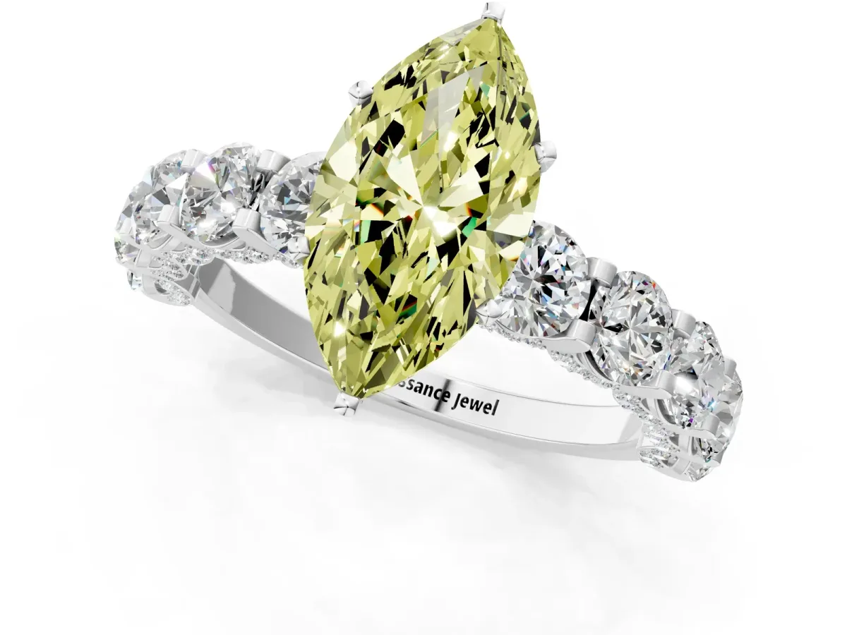 Fancy Yellow Marquise Cut Diamond Side Stone Engagement Ring with Four-Prong Setting Silver