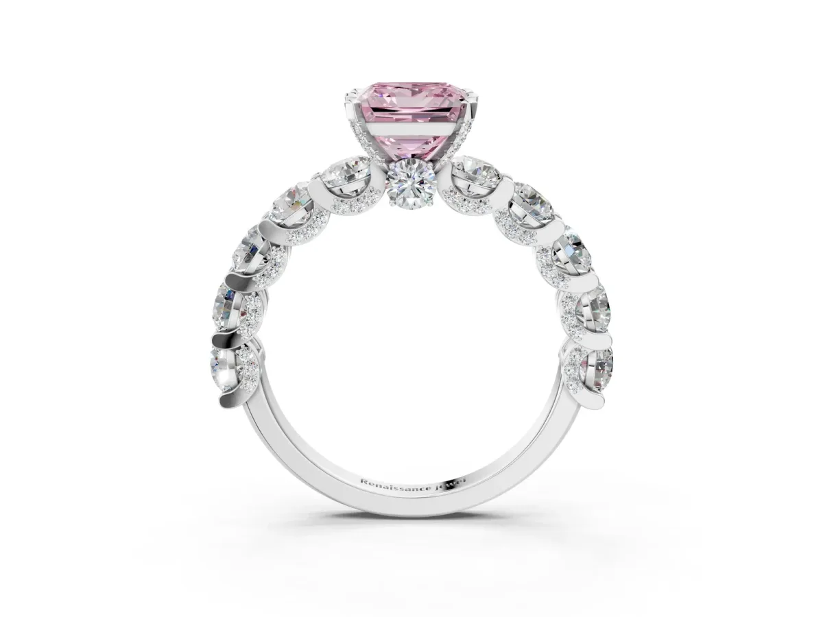 Fancy Pink Princess Cut Diamond Side Stone Engagement Ring with Four-Prong Setting Platinum