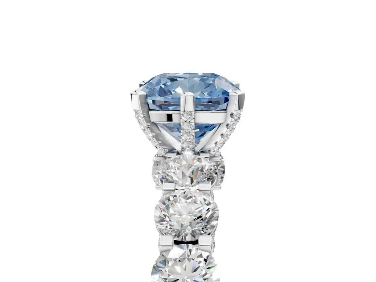 Fancy Blue Cushion Cut Diamond Side Stone Engagement Ring with Four-Prong Setting White gold