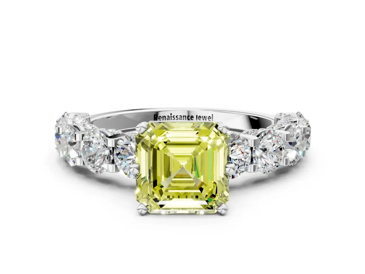 Fancy Yellow Asscher Cut Diamond Side Stone Engagement Ring with Four-Prong Setting White gold