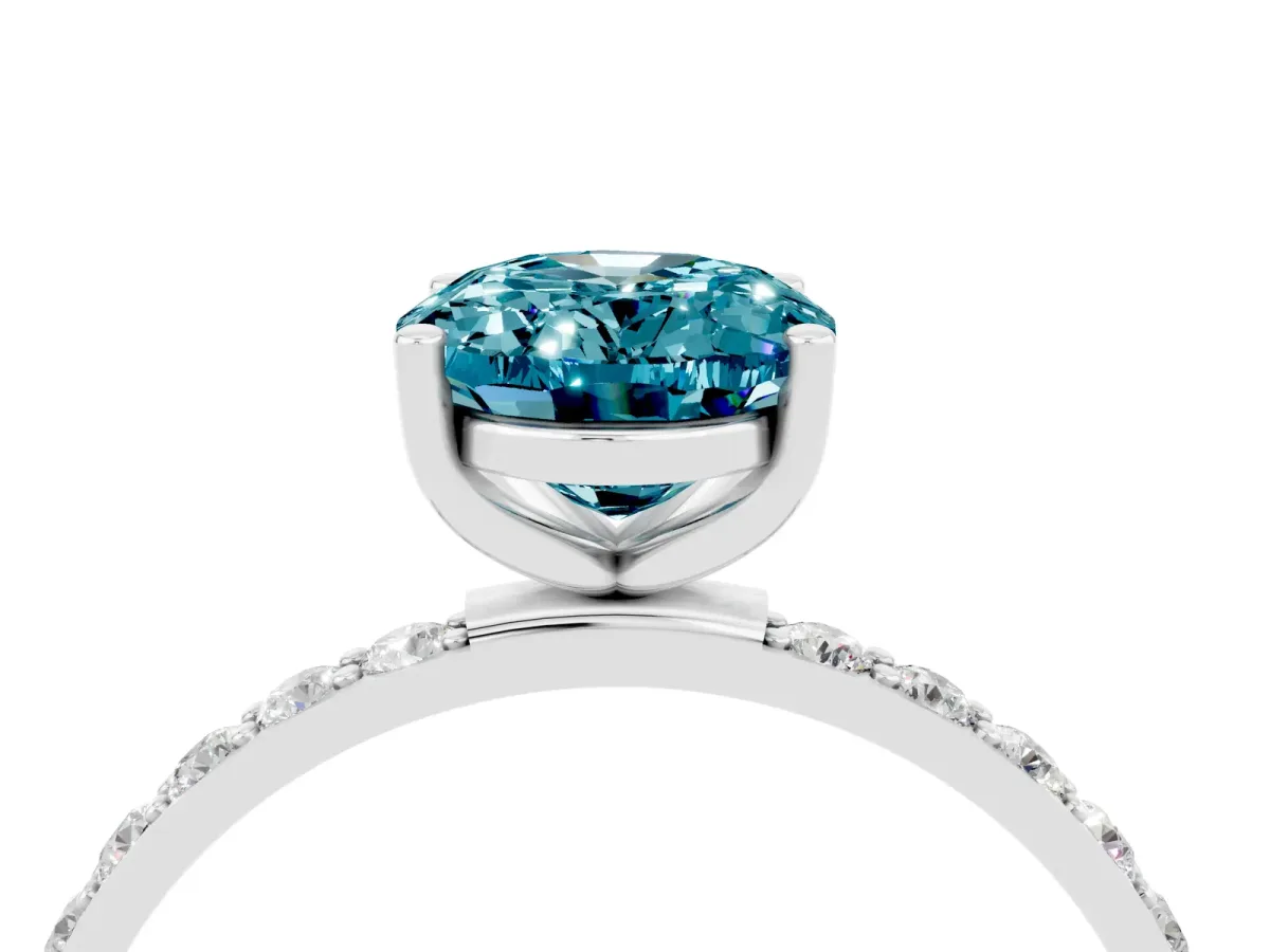 Oval Cut Blue Topaz Solitaire Ring with Round Pavé Band and Prong Setting Silver
