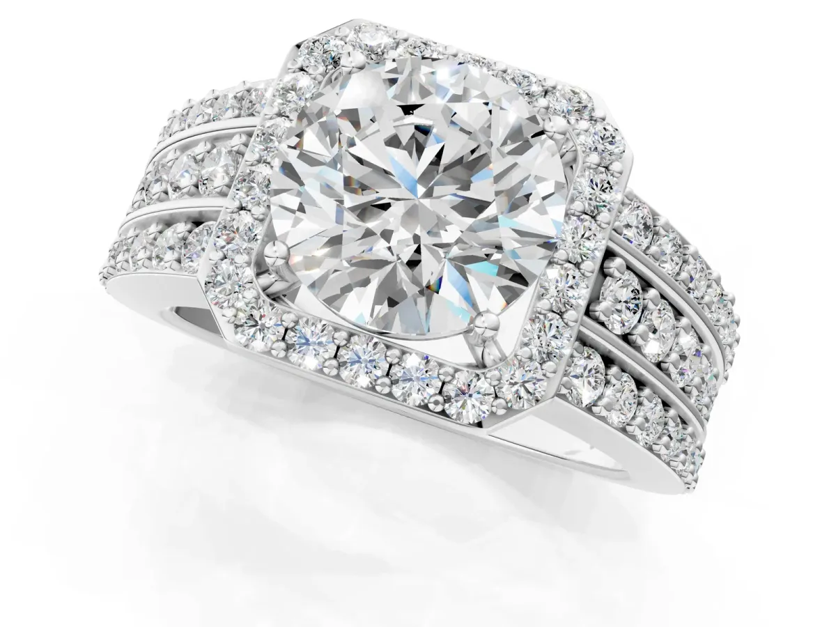 Round Cut Halo Diamond Ring with Round Tanzanite Split Shank and Prong Setting Silver