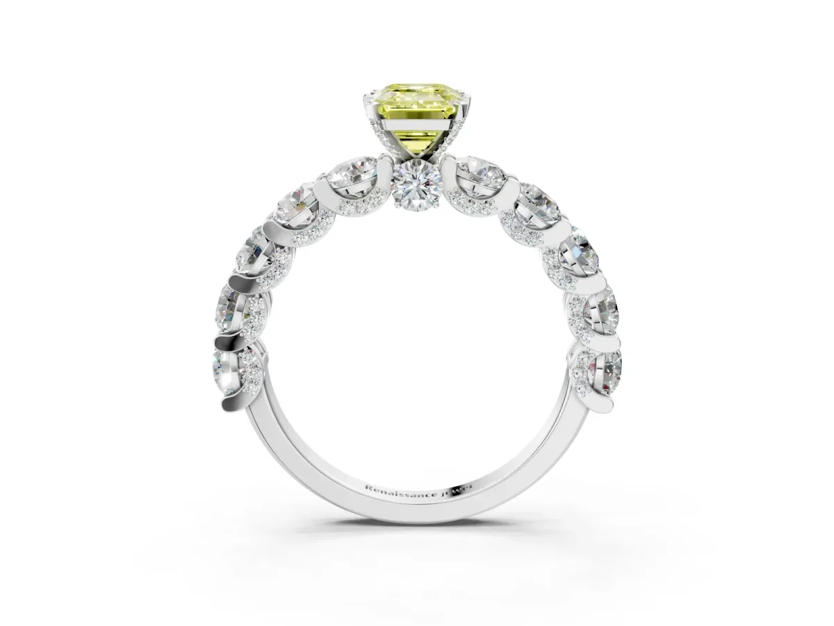 Fancy Yellow Emerald Cut Diamond Side Stone Engagement Ring with Four-Prong Setting White gold