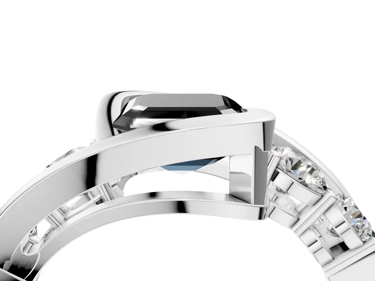 Fancy Black Bezel Set Asscher Cut Diamond Bypass Ring with Round Accents Platinum