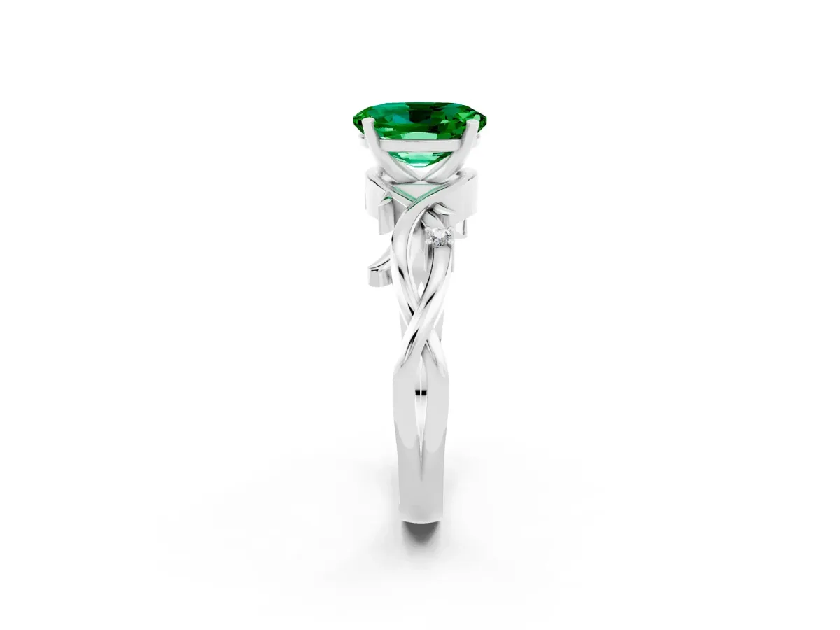 Oval Cut Emerald Solitaire Ring with Twisted Band and Prong Setting Silver