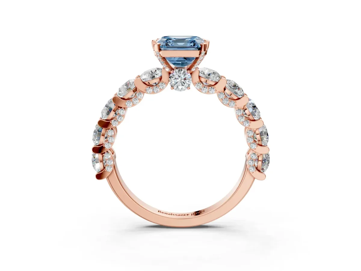 Fancy Blue Asscher Cut Diamond Side Stone Engagement Ring with Four-Prong Setting Rose gold