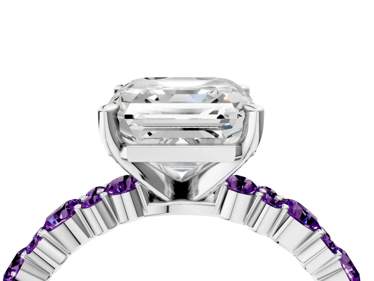 Asscher Cut Diamond Side Stone Solitaire Ring with Round Amethyst and Four-Prong Setting Platinum