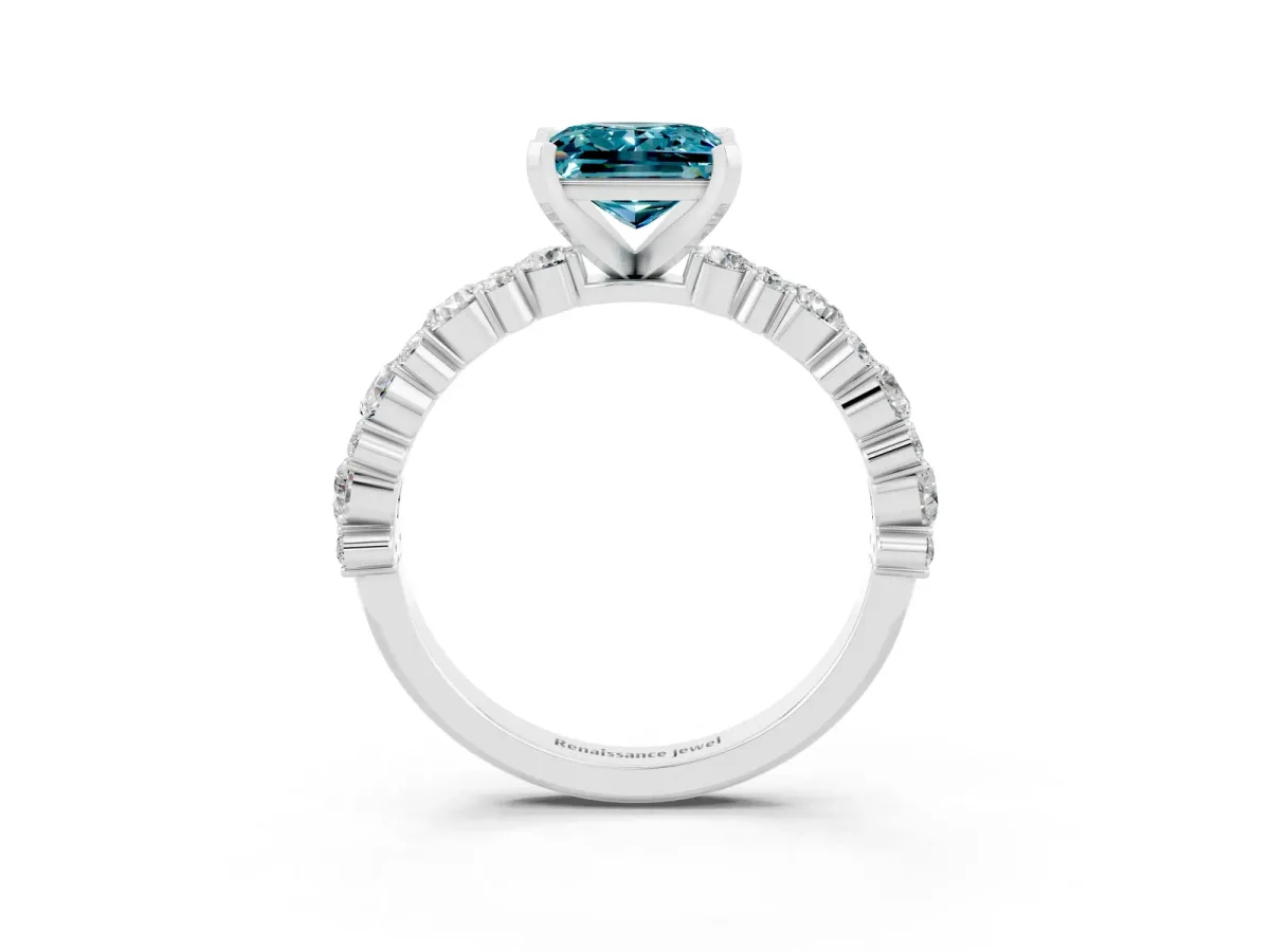 Princess Cut Blue Topaz Side Stone Solitaire Ring with Round and Four-Prong Setting Platinum