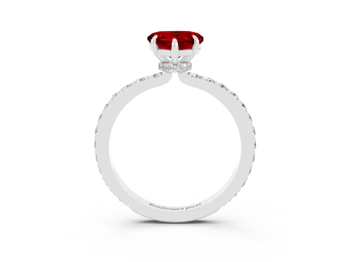 Heart Cut Ruby Solitaire Engagement Ring with Pavé Band and Four-Prong Setting White gold