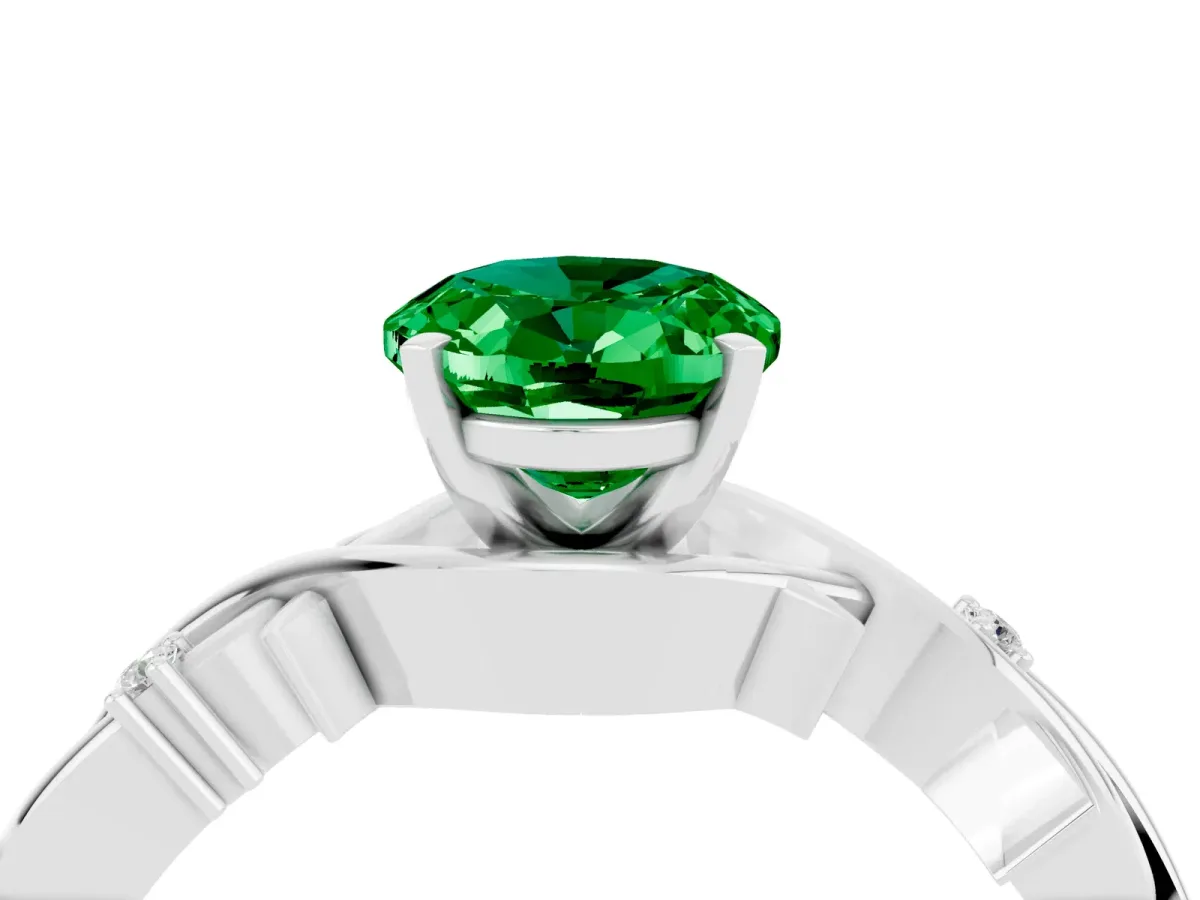 Oval Cut Emerald Solitaire Ring with Twisted Band and Prong Setting Silver