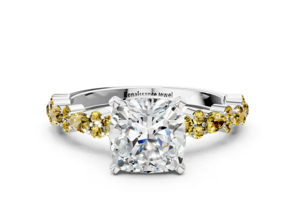 Cushion Cut Diamond Side Stone Solitaire Ring with Round Yellow Sapphire and Four-Prong Setting Platinum