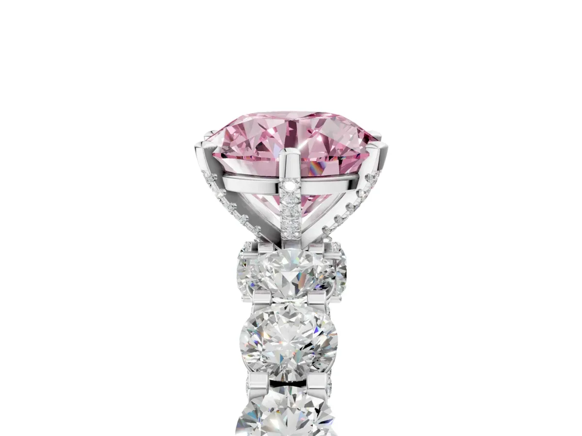 Fancy Pink Round Cut Diamond Side Stone Engagement Ring with Four-Prong Setting White gold