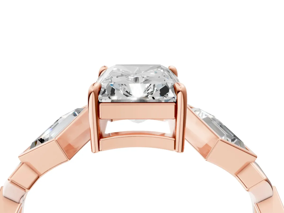 Radiant Diamond Geometric Side Stone Engagement Ring Rose gold