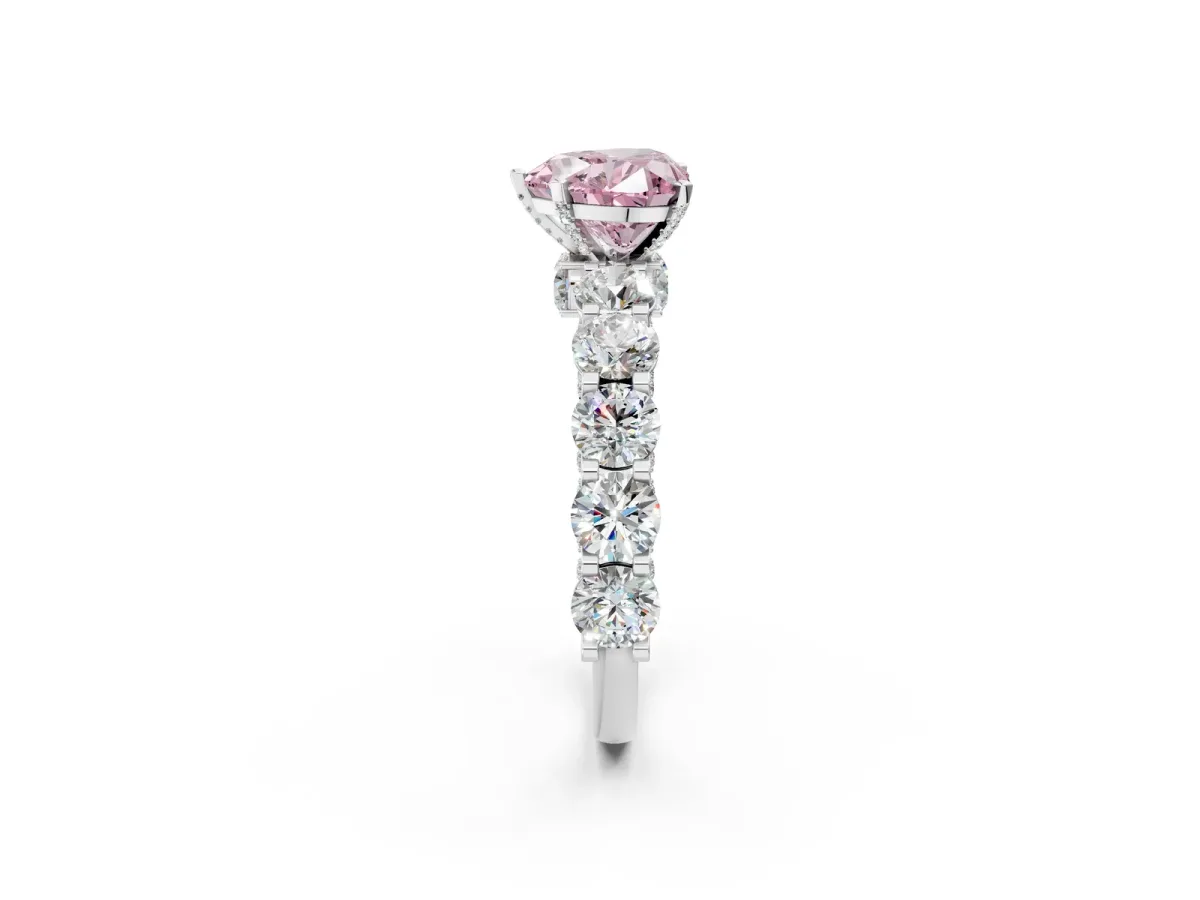 Fancy Pink Heart Cut Diamond Side Stone Engagement Ring with Four-Prong Setting Silver