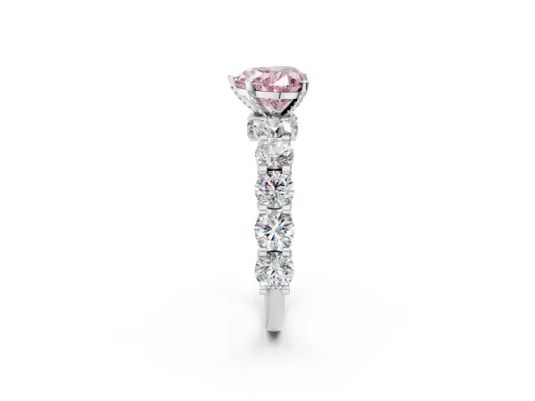 Fancy Pink Heart Cut Diamond Side Stone Engagement Ring with Four-Prong Setting Platinum